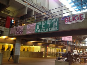 Election banners up in the science center. 