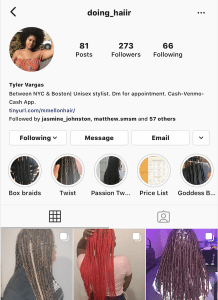 Screenshot of Tyler Vargas' Hair Business Instagram 