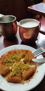 Image of kunefe and ayran at a Turkish restaurant.