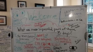 Whiteboard with ideas and witty quips scribbled across it.