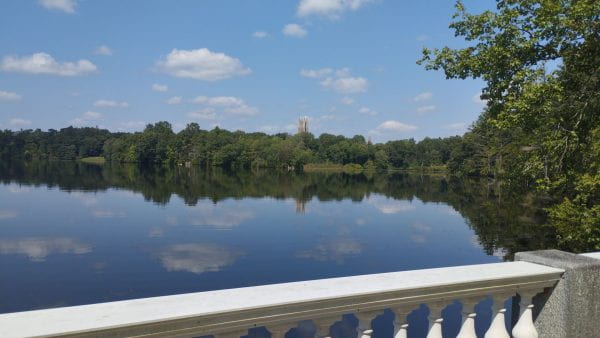 View of Wellesley's campus from the far side of Lake Waban