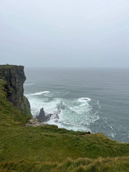 Image of steep cliffs dropping off to a wavy sea.