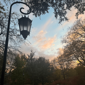 Wellesley lamp in front of a sunset.