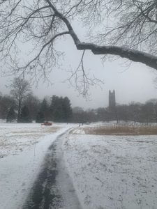Snow-covered campus. 