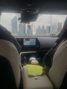 View of Toronto's skyline through a car windshield.