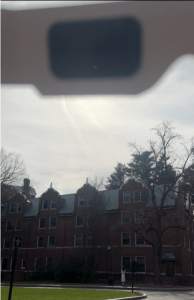 Image of a partial solar eclipse taken through eclipse glasses.