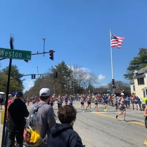 Boston Marathon runners going through Wellesley