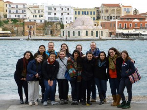 The Wintersession in Crete group gathered in front of the Mosque of the Janissaries in Chania's harbor.