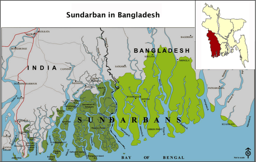 Map of Bangladesh showing the boundaries of The Sundarbans Mangrove Forest