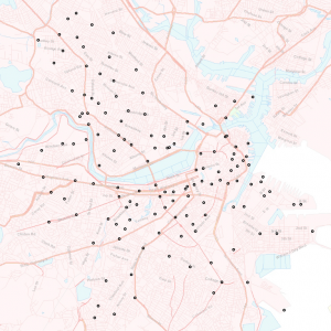 A map of the Hubway network as of 2014. /Wikipedia