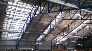 An interior view of the roof work at the Field House.