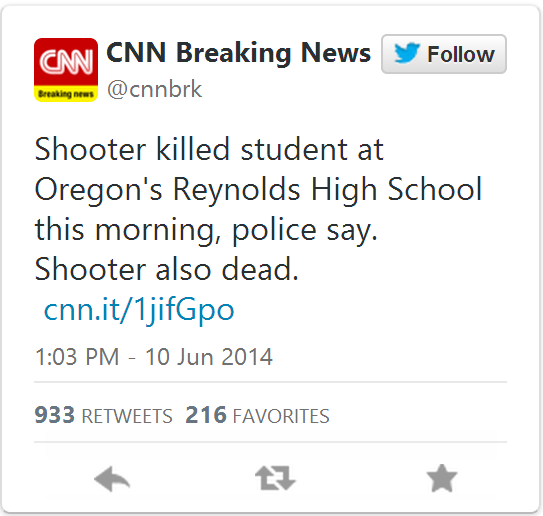 Shooter killed student at Oregon's Reynolds High School this morning, police say. Shooter also dead. cnn.it/1jiGpo