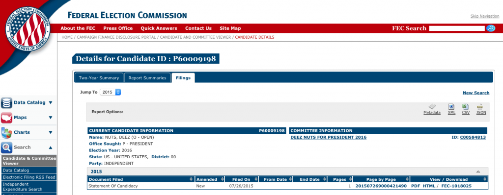 A screenshot of the Federal Election Comission’s website, where Deez Nuts’ candidacy is officially listed. 